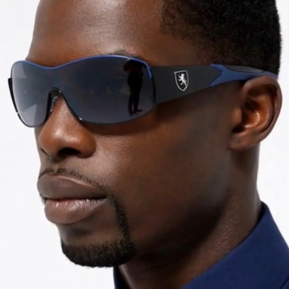 Sunglasses Men Sports UV400 Protection Single Lens Metal Khan Blue Dark Lens New